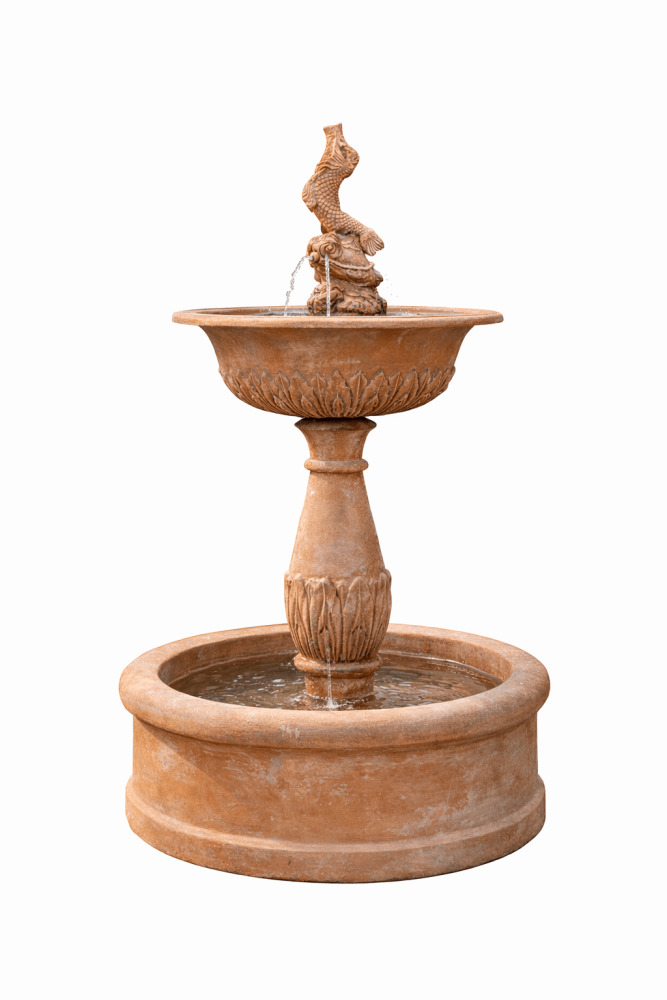 Fontaine en terre cuite d’Impruneta avec poisson baroque – artisanat toscan d’exception